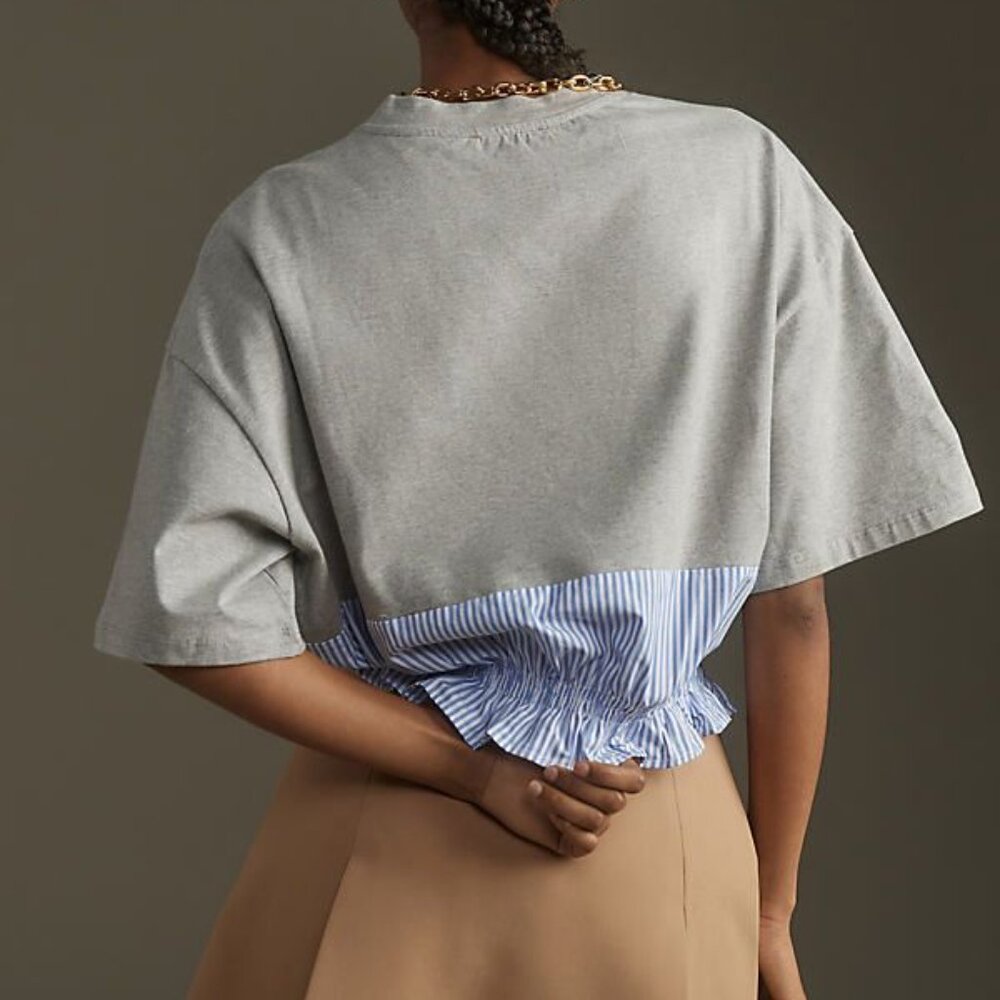 Anthropologie Short Sleeve Runched Top Maeve gray XXS striped blue white sweat